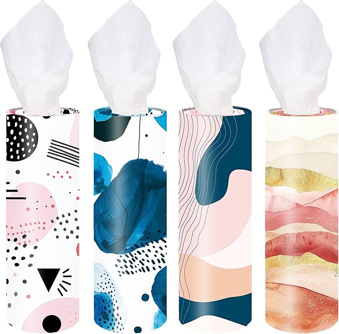 4-Pack Car Tissue Cylinders - Modern Trendy Abstract Art Patterns, Fits Cup Holders, Travel Tissue Tubes with Facial Tissues (Abstract Design)