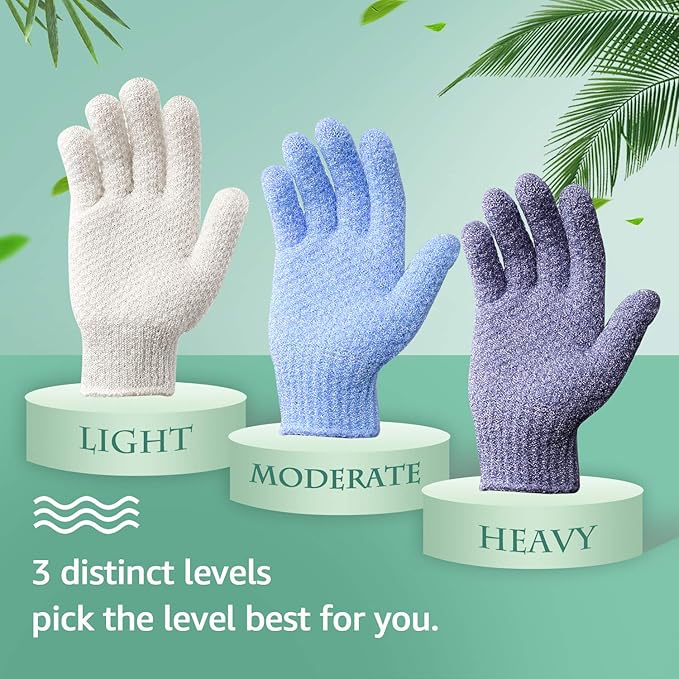 Evridwear Exfoliating Glove for Shower Men and Women, Dual Texture Bath Body Scrub Gloves Dead Skin Cell Remover for Home Spa, Massage, with Hanging Loop (3 Gloves Not 3 Pair)