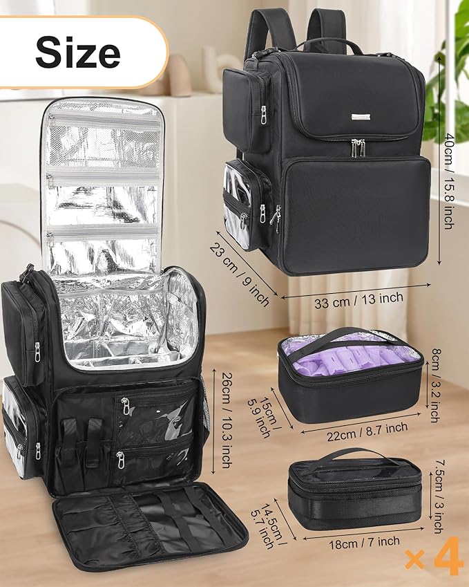 Relavel Hair Tools Travel Bag with 6 Pcs Clear Bags, Hair Stylist Backpack Hairdresser Cosmetology Bag, Heat Insulation Full Layer for Curling Iron, Hair Straightener, Travel Accessories Train Case