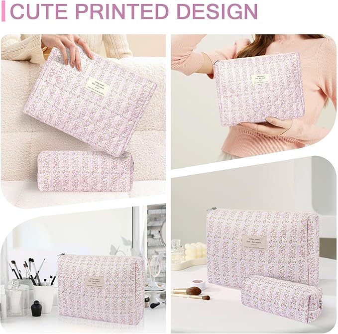 2PC Makeup Bag Set, Cute Cosmetic Bag for Women Girls, Floral Coquette Aesthetic Toiletry Bag, Travel Make Up Organizer Bag (Pink Floral)