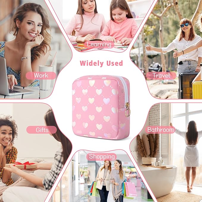 Period Bag Pouch, Leather Sanitary Napkin Storage Bag for Girls Womens, Portable Sanitary Napkin Period Pad Pouch Bag for Purse, Small Make Up Bags(Pink LOVE)