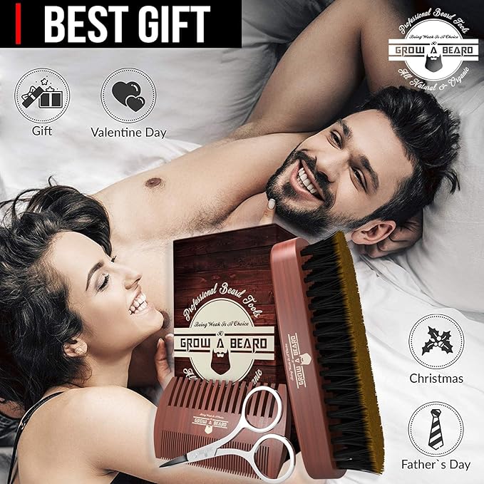 Beard Comb For Men & 100% Boar Bristle Beard Brush For Men, Best Beard Grooming Kit, Natural Mustache Brush And Comb For Men, Hair Brush, Mens Beard Care Gifts, Gift For Beard