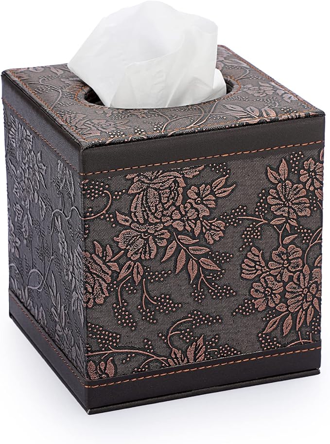 Sumnacon Square Leather Tissue Box Cover - Stylish Cube Tissue Box Holder with Magnetic Bottom, Decorative PU Tissue Box for Vanity Dresser Night Stand Table Countertop Home Office Car, Black Flower