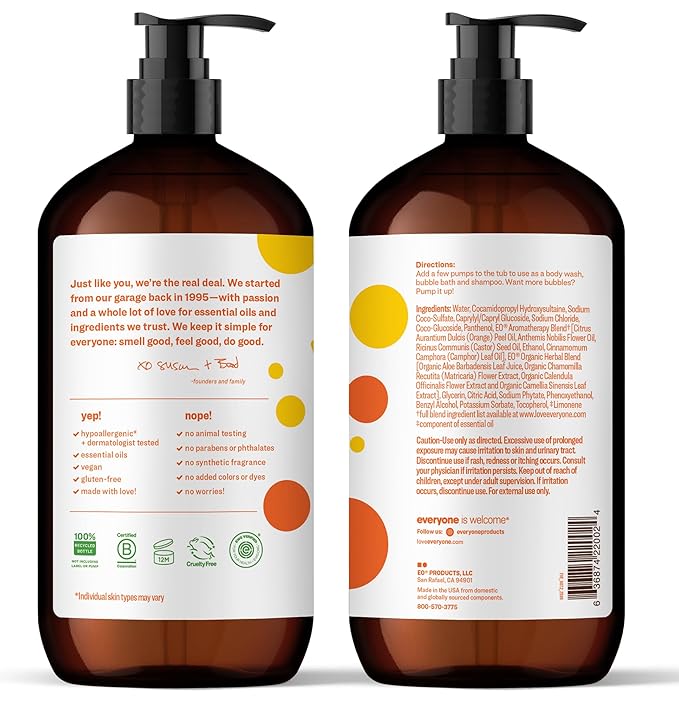 Everyone 3-in-1 Kids Soap, Body Wash, Bubble Bath, Shampoo, 32 Ounce (Pack of 2), Orange Squeeze, Coconut Cleanser with Organic Plant Extracts and Pure Essential Oils (Packaging May Vary)
