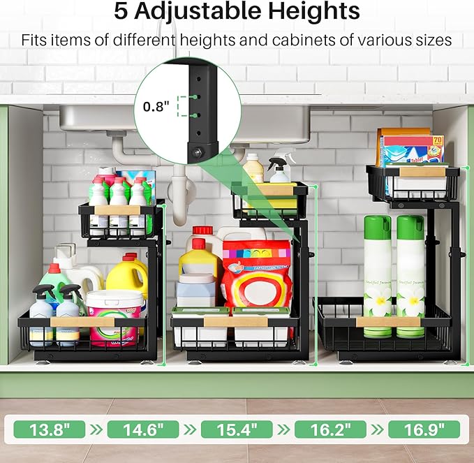 Kitstorack Under Sink Organizer, 2 Tier Under the Sink Storage, Slide out Pull out Cabinet Organizer Shelf, Metal Sliding Drawer for Kitchen Bathroom Pantry Closet Organization Rack, Black, 2 Pack