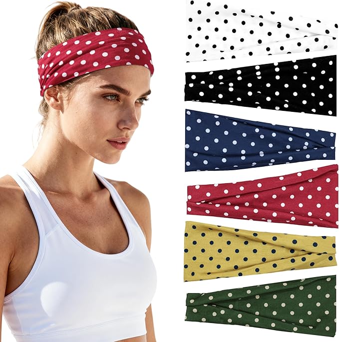 Headbands for Women Non-Slip Workout Hair Bands, 6 Pack Stretchy Athletic Soft Sweatbands, Elastic Cloth Fabric Headband, Fashion Head Bands for Yoga Running Sports Gym Sports Exercise