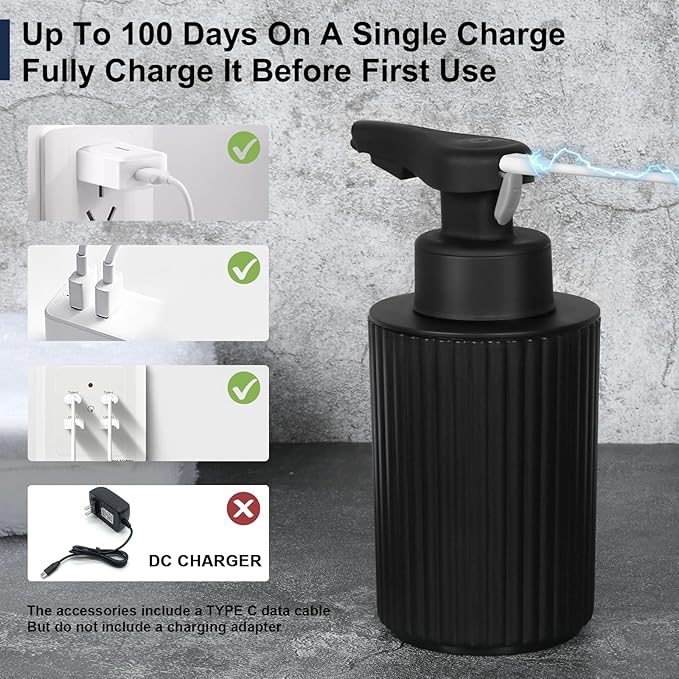 Automatic Soap Dispenser Foaming Touchless: 9oz Black Plastic - Rechargeable Electric Smart Auto Foam Soap Dispenser - Hand Dish Bathroom Kitchen