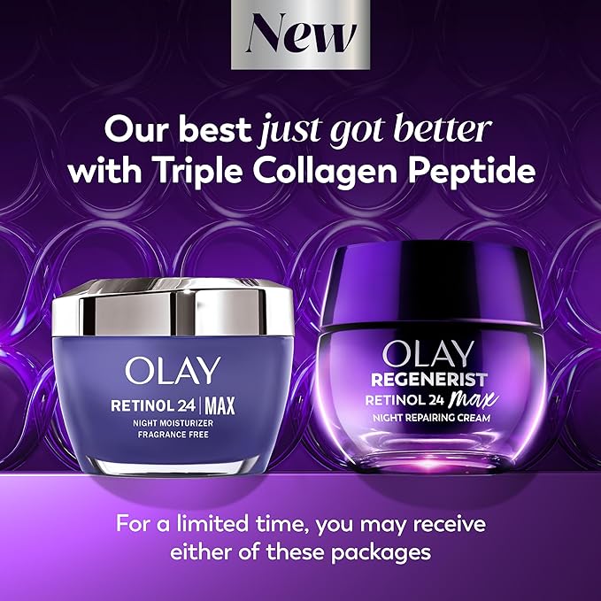 Olay Retinol Night Cream for Women,MAX,Anti-Aging Face Mousturizer,Fragrance-Free,Non Greasy - Anti-Wrinkle,Smooth Fine Lines,Hydrating Skin Care - Triple Collagen Cream,Niacinamide,1.7oz,(Pack of 2)