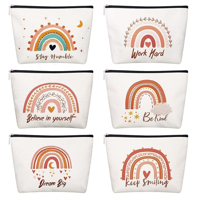 Chengu 6 Pcs Big Canvas Rainbow Heart Cosmetic Bags, 10 x 7.5 inch Inspirational Gifts for Women Motivational Quotes Makeup Bag for Women Girls Birthday Friend Teacher Graduation Gift (Boho)