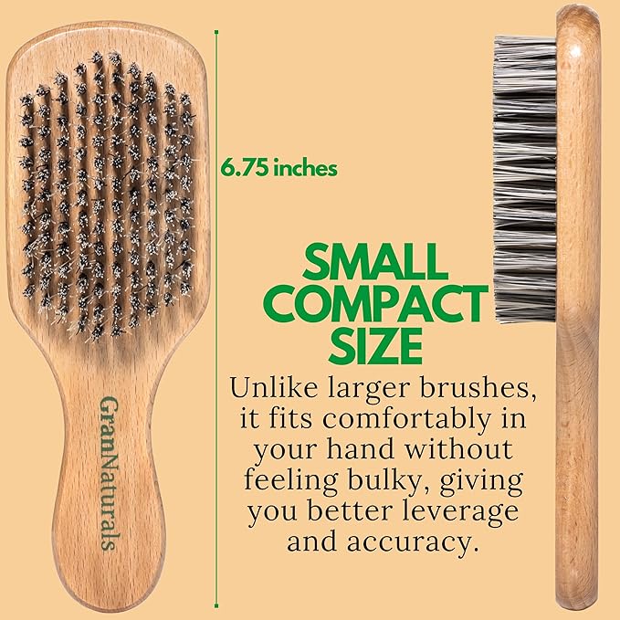 GranNaturals Hard Bristle Slick Back Hair Brush for Men & Women with Thick Curly Hair - Stiff Nylon Small Hairbrush for Smoothing, Waves, Beard, Fades, Locs, Dreads