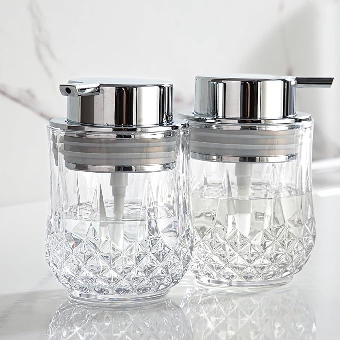 Glass Soap Dispenser Set - 2 Pack Bathroom Hand Liquid Soap Dispensers,Refillable Dish Soap Dispenser,Modern Home Soap Dispenser for Bathroom,Kitchen(Clear/Silver Liquid Pump/2Pack)