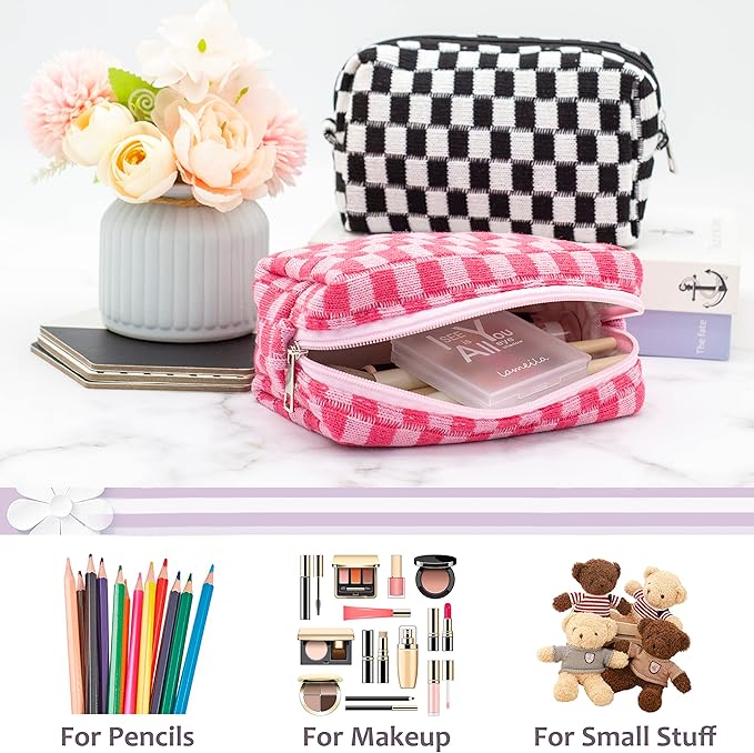 PAZIMIIK Checkered Makeup Bag for Purse Portable Zipper Make Up Pouch Small Cosmetic Case for Travel Accessories (2PCS Hotpink)