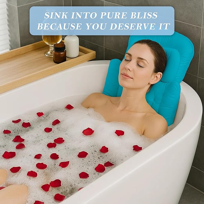 Bath Pillow for Tub 4D Air Mesh Fabric - Plush Bathtub Pillow for Neck & Back Support, Hot Tub Pillow with 6 Non-Slip Suction Cups Spa Pillow for Relaxation and Comfort (Full Body Blue)