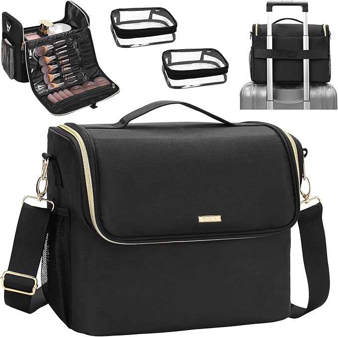 Large Makeup Carrying Train Case, Makeup Bag with 2 Small Bags, Professional Makeup Artist Bag Tattoo Case Travel Makeup Organizer Box with Adjustable Dividers and Shoulder Strap (Black)