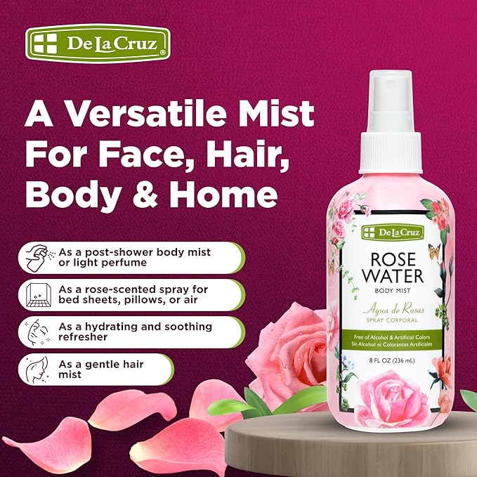 De La Cruz Pure Rose Water Body Mist,Rosewater Spray for Face, Skin & Hair, Rose Toner & Rose Water for Hair Alcohol Free, Paraben Free 8 fl oz (3 Bottles)