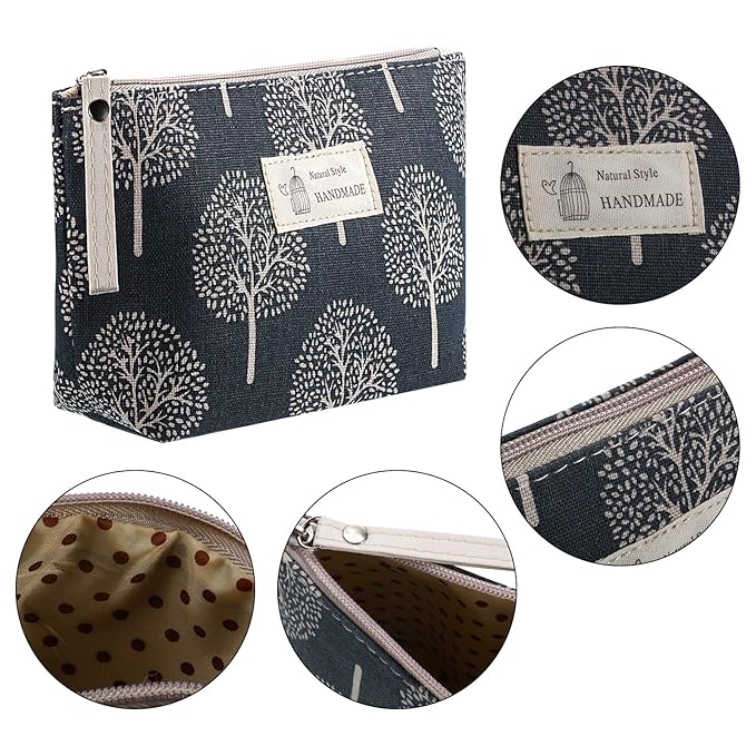 Boao 4 Pieces Canvas Makeup Bags Set Small Cosmetic Pouches for Purse with Zipper Multi Functional Toiletry Travel Case Organizer for Women Gift, 4 Styles(Small,Arrow, Plaid, Tree, Leave)