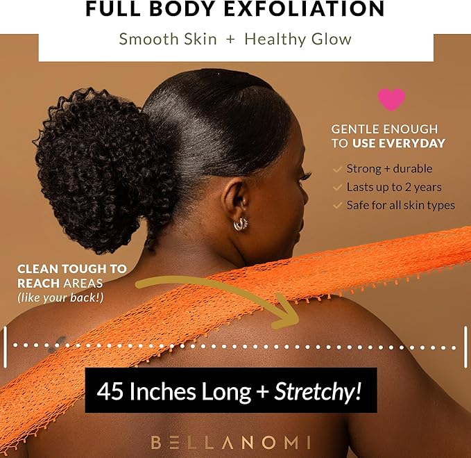 BELLANOMI African Exfoliating Net Sponge, Authentic, Ethically sourced from Nigeria, 45 inches Long, Back Scrubber for Daily use (Orange)