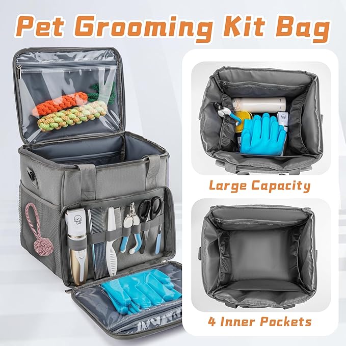 SMYV Pet Grooming Bag for Dog Grooming Supplies, Dog Tote Travel Bag for Pets Grooming Tools Kit Accessories - Grey
