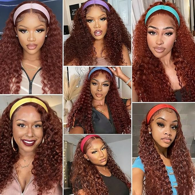 XSY Headband Wig Human Hair Red Reddish Brown 33# 16 Inch Deep Wave Headband Human Hair Wigs for Black Women Curly Headband Wig Glueless Machine Made Wigs 150% Density