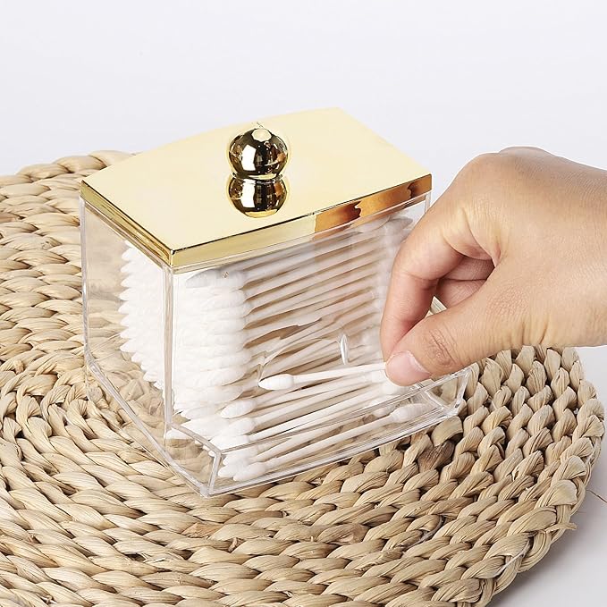 Tbestmax 10oz Qtip Holder Dispenser L Size Bathroom Container with Gold Lid for Bathroom Organizer Accessories Decor Storage-Qtips Cotton Ball Holder