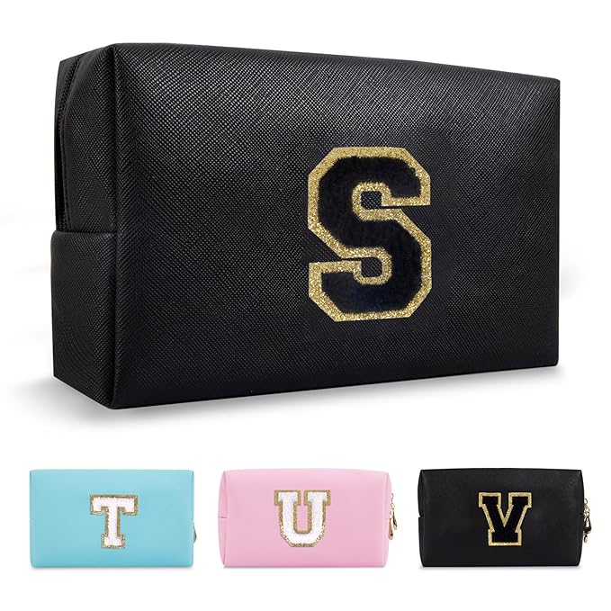 Personalized Initial A-Z Preppy Patch Makeup Bag,Small PU Chenille Letter Cosmetic Bag with Zipper for Teen Girls,Black Cute Toiletry Organizer Bag,Monogram Makeup Case Gift for Women Girls,Letter S