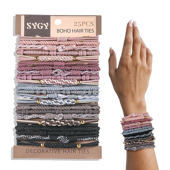25 PCS Boho Hair Ties, Bracelets Hair Ties for Thick or Thin Hair, 5 Styles Boho Ties for Ponytail Holders, 2.36’’ Hair Ties No-Damage, Multicolor