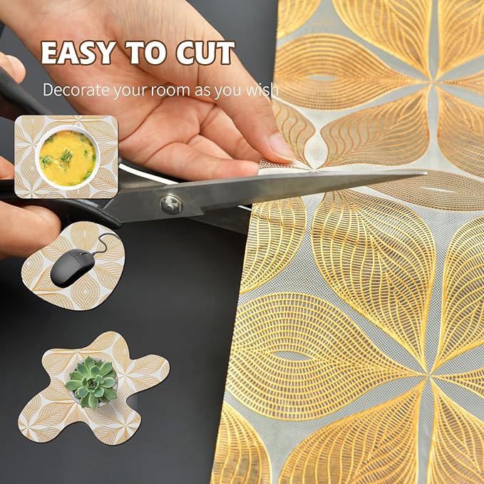 Drawer and Shelf Liner for Kitchen Cabinet,Non-Adhesive Waterproof Drawer Liner for Dresser & Bathroom Vanities with Adhesive Dots & Cutting Tool(12 in X 10 Ft Gold Leaf Pattern)