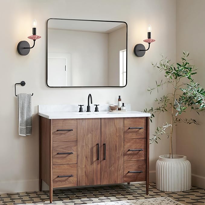Modern Retro Wall sconces Set of Two with Pink Ceramic Flower Decoration,Black Wall Lights, Hardwired Vintage Vanity Light for Bathroom, Living Room, Bedroom, and hallways.