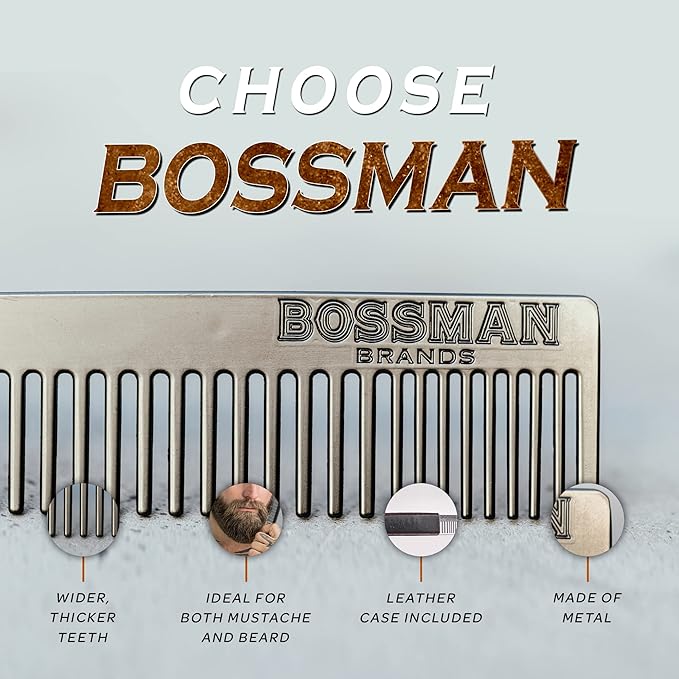 Bossman Metal Grooming Comb for Men - Mustache and Beard Styling Tool with Leather Pocket Case (Black)