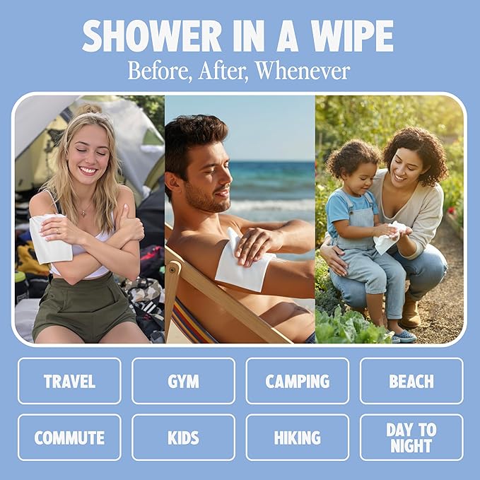 HyperGo XL Body Wipes for Women & Men – 12" x12" Rinse-Free Full Body Cleansing Wipes 2-20 Count Packs - Unscented | Biodegradable, Hypoallergenic, Aloe-Infused | Gym, Festival, Camping Essentials