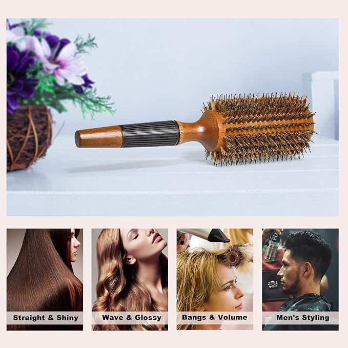 BESTOOL Round Hair Brush for Women or Men, Boar Bristle Large Round Hairbrush for Quick Blowout, Add Shine/Volume, Minimize Damage (2.8 Inch)
