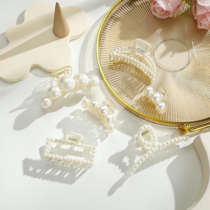 CWJCYTNSN 6 PCS Hair Clips for Women Large Hair Claw Clips for Thin Thick Curly Hair Styling Pearl Jaw Clips Strong Hold Nonslip Fashion Hair Accessories for Bridal Wedding