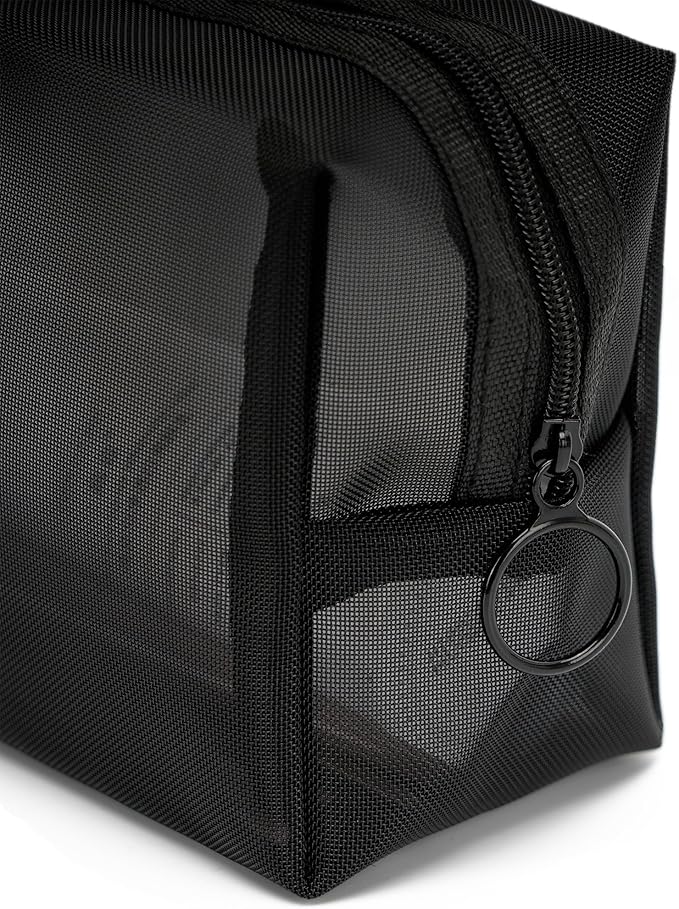 Portable Mesh Makeup Bag with Zipper Small Travel Toiletry Bag Lightweight Cosmetic Pouch (Black Square)