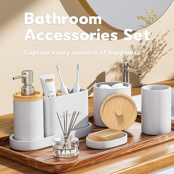 Bathroom Accessories Set, 6Pcs Bathroom Accessory Set, Large-Sized Toothbrush Holders Set, Soap Dispenser, Vanity Tray, Bathroom Tumbler, Apothecary Jars and a soap Dish (Marble White)