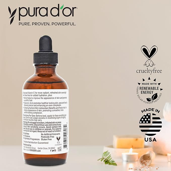 PURA D'OR 20% Vitamin C Facial Serum 4 Oz Antioxidant Blend w/Retinol, Hyaluronic Acid, Vitamin E, Ferulic Acid - Hydrating Lightweight Skincare Formula - Men Women Daily Use After Bath Oil Skin Care