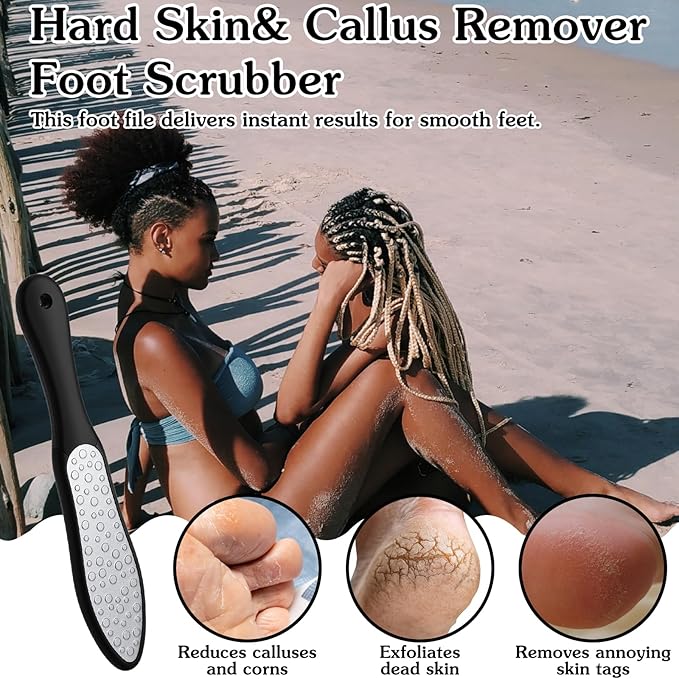 Foot Files Callus Remover Stainless Steel Foot Rasp and Dual Double-Sided Long Handle Foot Scrubber for Dead Skin Foot File Callus Remover, Black
