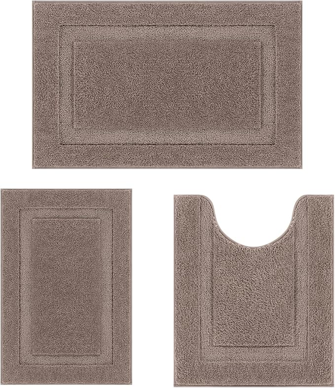 SHACOS Brown Bathroom Rugs Sets 3 Piece, 16"x24" + 20"x32" Bath Rugs + 20"x24" U Shaped Toilet Rugs, Non-Slip Extra Soft Absorbent Bath Rug Washable Bathroom Floor Mats