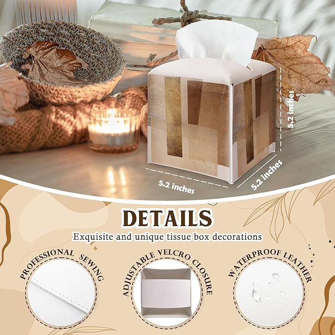 Vintage Geometry Design Tissue Box Cover - Retro Brown PU Leather Waterproof Tissue Holder - Facial Paper Organizer for Home Bathroom Office - Desk Decorative Dispenser Box - B05