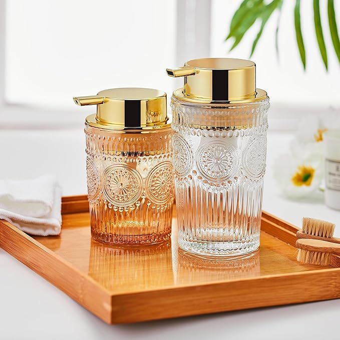 Glass Foam Soap Dispenser - Toothbrush Holder & Refillable Lotion Dispenser (S-Gold-Foaming)