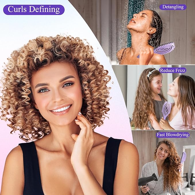 Curl Defining Brush, Boar Bristle Detangling Hair Brush for Women Girls Thick Curly Wavy Hair Wet Dry Use, Fast Blow Drying Vented Styling Hairbrush, Smoothing Hair No Tangle (Soft Purple)