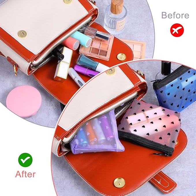 3Pcs Heart Print Mini Zipper Mesh Bags, Lipstick Cosmetic Accessories Organizer, Mini Zipper Mesh Cosmetic Bag for Women, Small Makeup Bag for Purse, Style 4