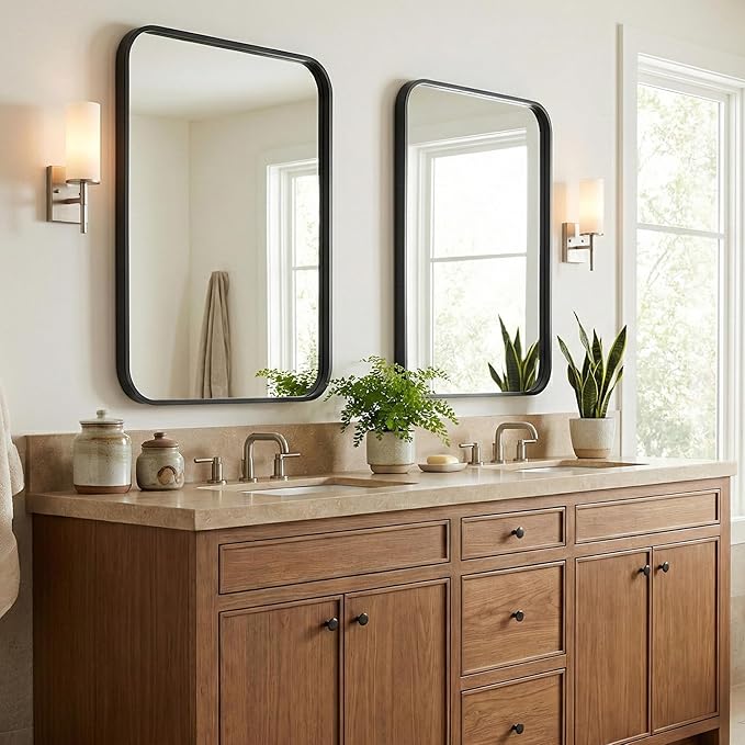 2-Pack 22x30 Inch Matte Black Bathroom Vanity Mirrors | Flush Mount Deep Set Metal Wall Mirror for Over Sink | HD Shatterproof Glass, Rustproof