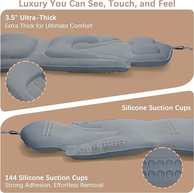 Ergonomic Full Body Bath Pillow for Bathtub, 5D Luxury Spa Cushion with 114 Non-Slip Suction Cups, Extra Long Thick Bath Pillow for Full Body Support, for Adult with Laundry Bag & Hook (Grey) (Gray)