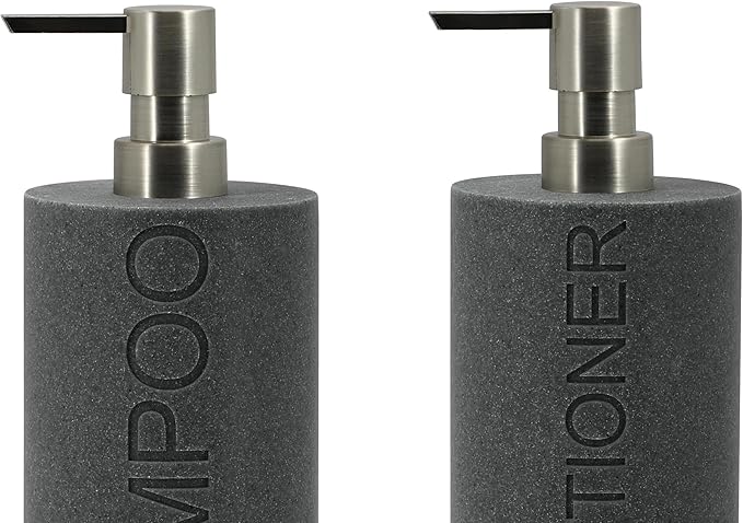 Resin 2 Pack Shampoo, Conditioner or Body Wash Dispenser Set, Luxurious Refillable Pump Bottles with Matte Pump Top and Embossed Text, Durable Design for Bathroom and Shower