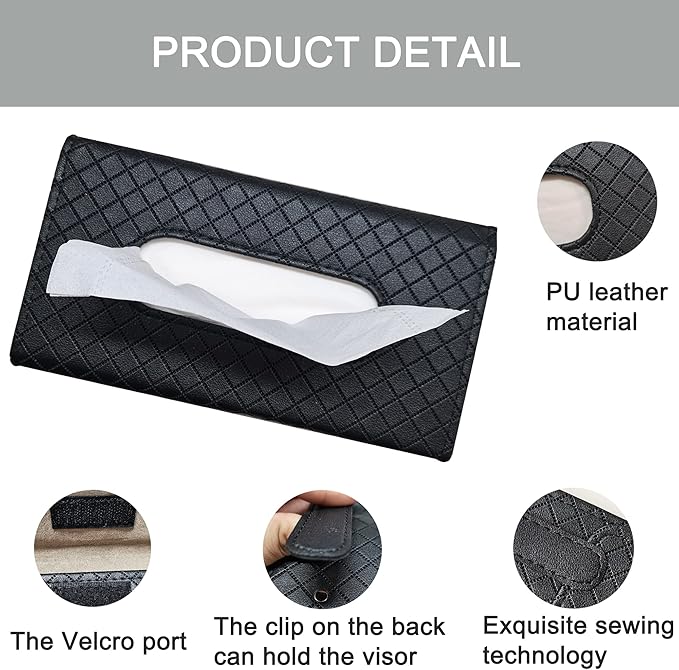 Car Sun Visor Tissue Holder, Car Napkin Holder, Premium PU Leather, Mask Holder for Sun Visor Vehicle, with Tissue Refill, Black
