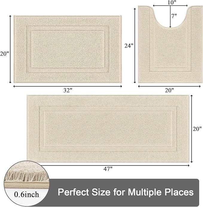 SHACOS Soft Fluffy Bathroom Runner Rugs Set of 3 Bath Mats with U Shape Toilet Rugs Non Slip Washable Bath Rugs Absorbent Bathroom Carpet for Shower Tub, Light Beige