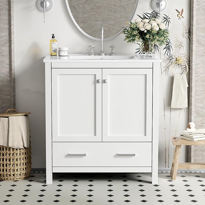 Bellemave 30" Bathroom Vanity with Sink Combo Set, Solid Wood Frame Bathroom Storage Cabinet with a Drawer, 2 Soft Closing Cabinet Doors with Organizer, White