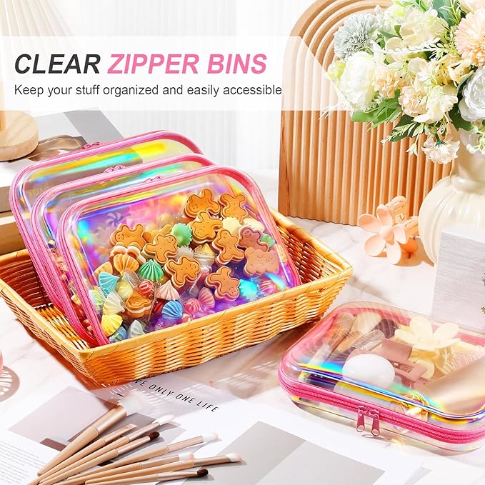 Hoolerry 4 Pcs Hard Clear Zipper Case Makeup Bags Plastic Zipper Pouch Transparent Storage Box Containers for Cosmetics, Snacks, Building Blocks, Puzzles(Clear,9.8 x 7.9 x 2 in,Pink Laser)