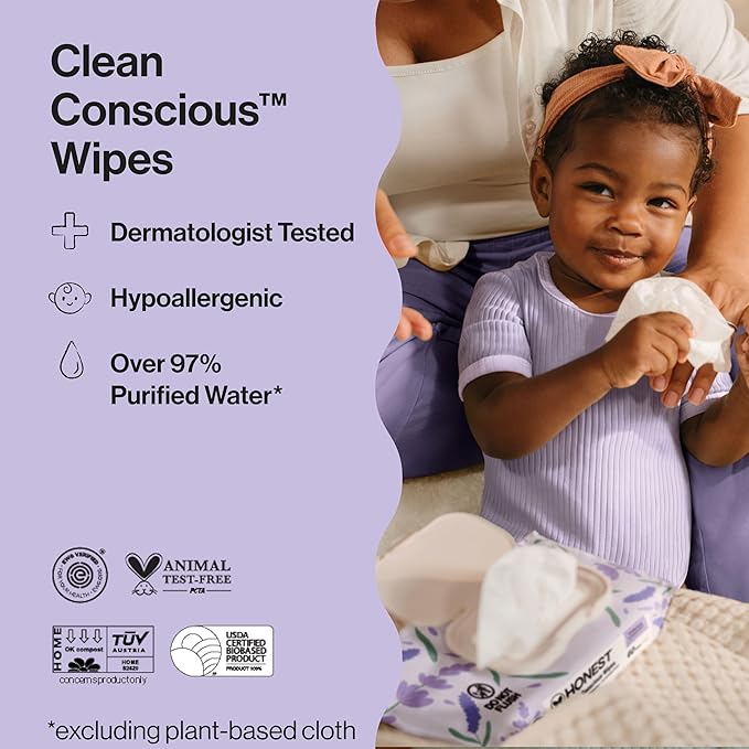 The Honest Company Calm and Cleanse Naturally Scented Wipes, Cleansing, Multi-Tasking, 99% Water Plant Based, Hypoallergenic, Lavender, 240 Count