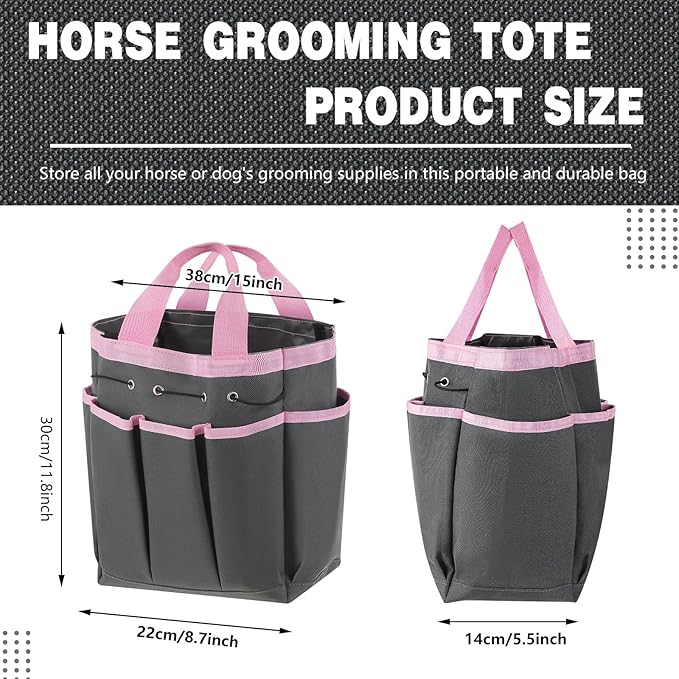 Abbylike Grooming Tote Bag for Horses and Dogs Organize Tack Tools Equestrian Grooming Kit Care Portable with Multiple Pockets for Supplies(Vintage,15 x 12 x 5.5 Inch,Grey and Pink)